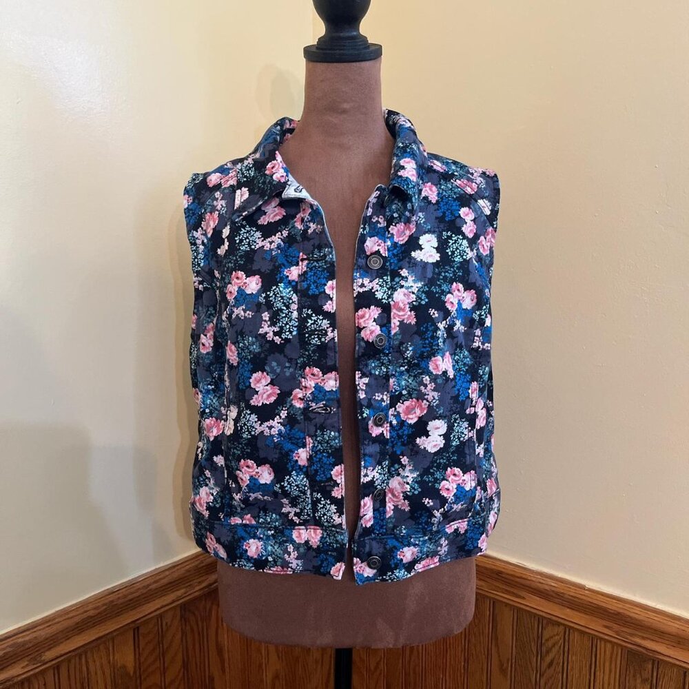 Women's Floral Multicolored Denim Vest Size Large